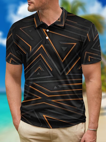 

Black Gold Abstract Geometric Button Short Sleeve Polo Shirt, Polo Shirts