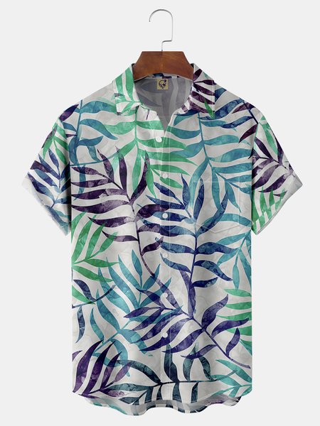 

Leaf Chest Pocket Short Sleeve Hawaiian Shirt, Blue, Men Shirts