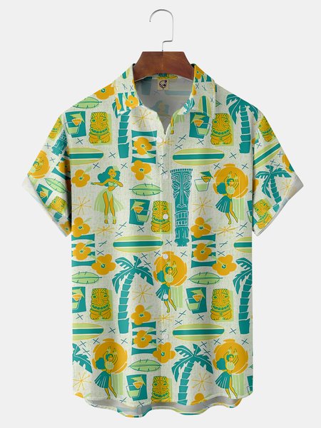 

Hula Girl Tiki Chest Pocket Short Sleeve Hawaiian Shirt, Yellow, Men Shirts