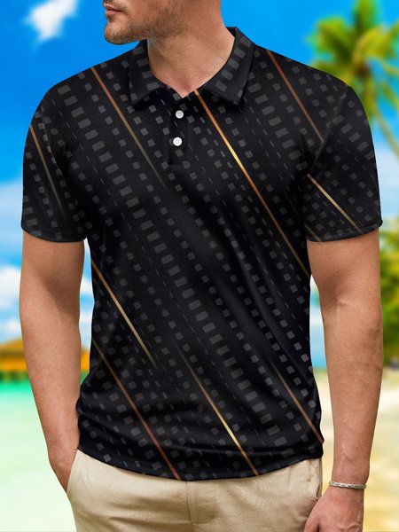 

3D Black Gold Gradient Geometric Button Short Sleeve Polo Shirt, Polo Shirts