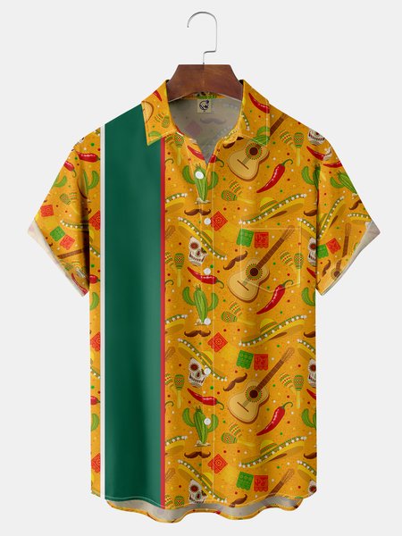 

Cinco De Mayo Guitar Skull Chest Pocket Short Sleeve Shirt, Yellow, Men Shirts