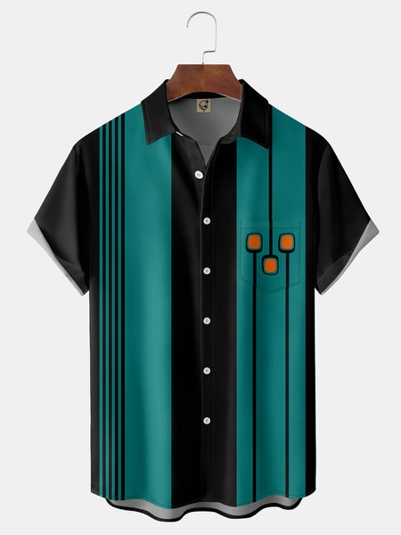 

Striped Chest Pocket Short Sleeve Bowling Shirt, Black, Men Shirts