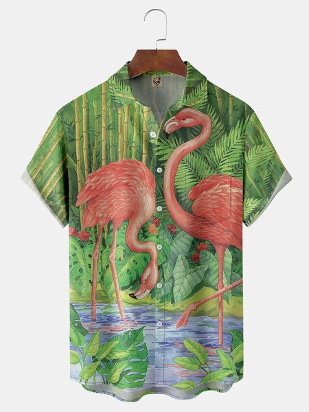 

Flamingo Chest Pocket Short Sleeve Hawaiian Shirt, Green, Men Shirts