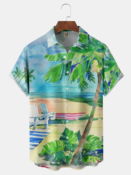 

Coconut Tree Chest Pocket Short Sleeve Hawaiian Shirt, Green, Men Shirts