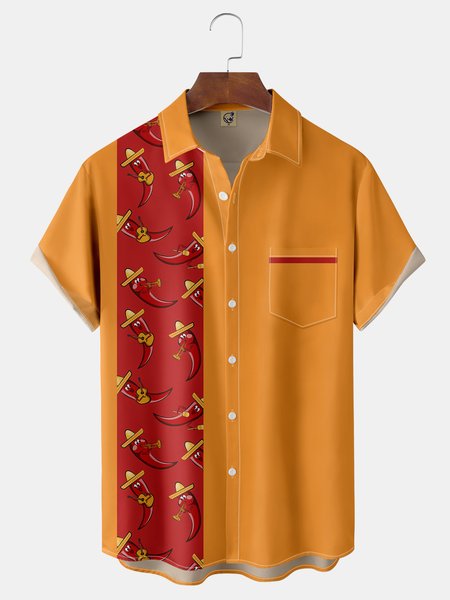 

Cinco De Mayo Chili Pepper Chest Pocket Short Sleeve Bowling Shirt, Yellow, Men Shirts