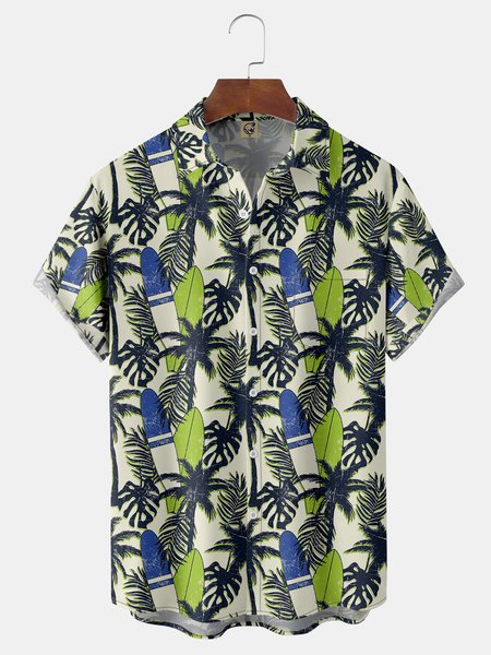 

Coconut Tree Chest Pocket Short Sleeve Hawaiian Shirt, Blue, Men Shirts