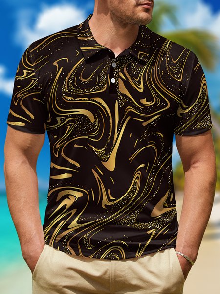 

Ombre Black Gold Abstract Stripe Button Short Sleeve Polo Shirt, Polo Shirts
