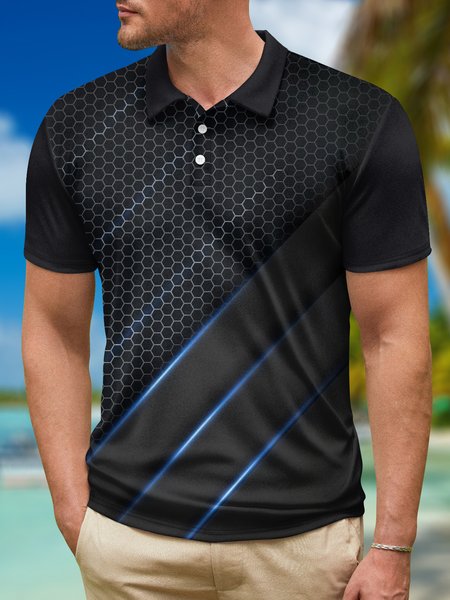 

3D Gradient Abstract Geometric Button Short Sleeve Polo Shirt, Black, Polo Shirts