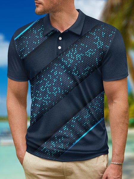 

Gradient Geometric Gradient Button Short Sleeve Polo Shirt, Deep blue, Polo Shirts