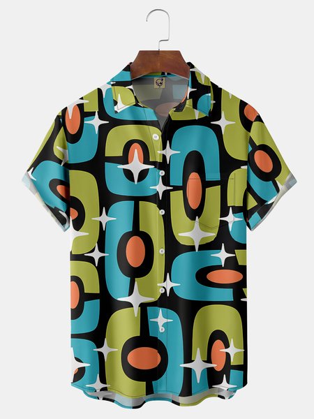 

Geometry Chest Pocket Short Sleeve Casual Shirt, Black, Men Shirts