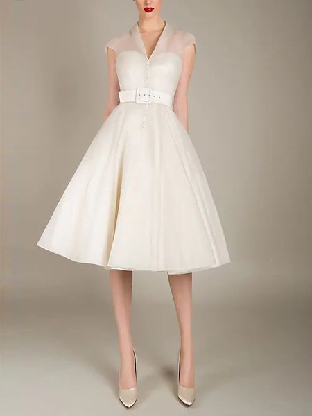 

Satin Regular Fit Plain Midi No Elasticity Dress, White, Midi Dresses