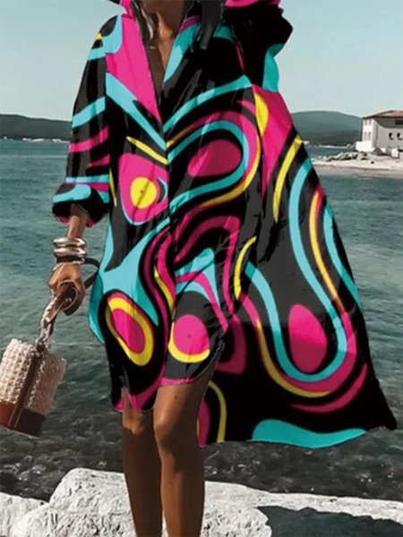 

Abstract Loose Shirt Collar Vacation Dress, Black, Midi Dresses