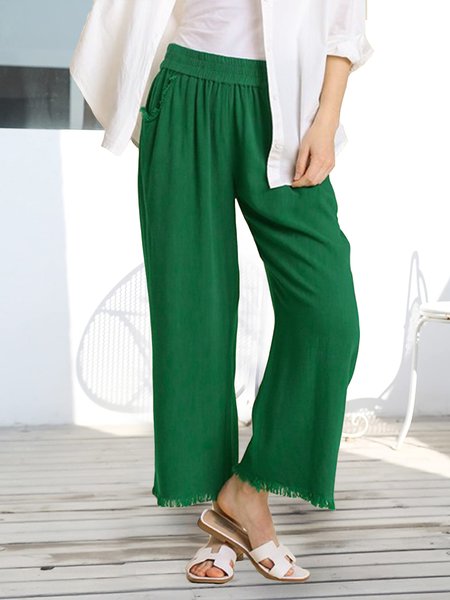 

Loose Cotton Plain Casual Wide Leg Pants, Green, Pants