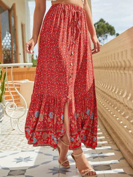 

Floral Loose Cotton-Blend Boho Skirt, Red, Skirts