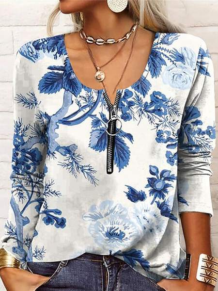 

Floral Casual Crew Neck Regular Fit T-Shirt, Blue, T-Shirts