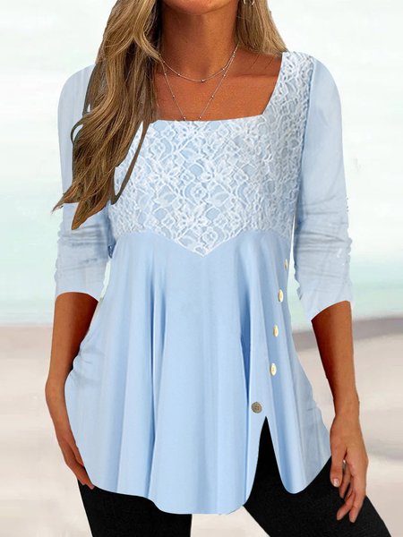 

Plain Regular Fit Casual Square Neck T-Shirt, Blue, Tunics