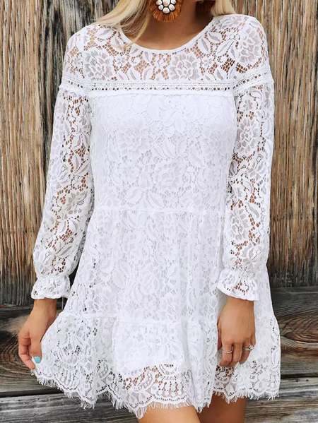 

Lace Casual Loose Lace Crew Neck Dress, White, Dresses