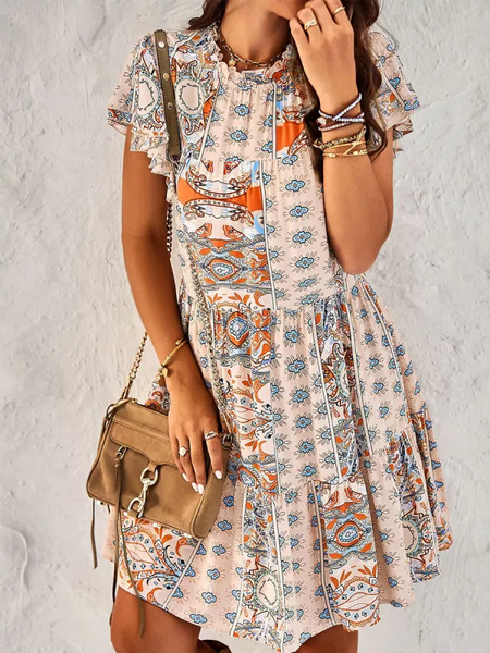 

Crew Neck Loose Ethnic Casual Dress, Multicolor, Mini Dresses