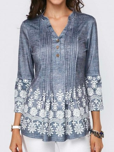 

Regular Fit Floral Casual V Neck Blouse, Blue, Shirts & Blouses