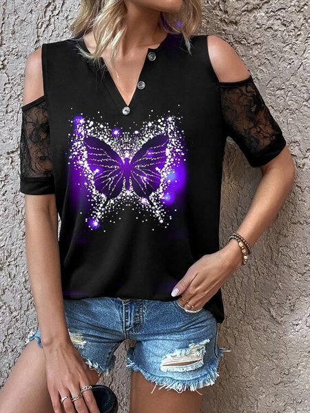 

Lace Butterfly Off-Shoulder T-Shirt, Black, Dresses