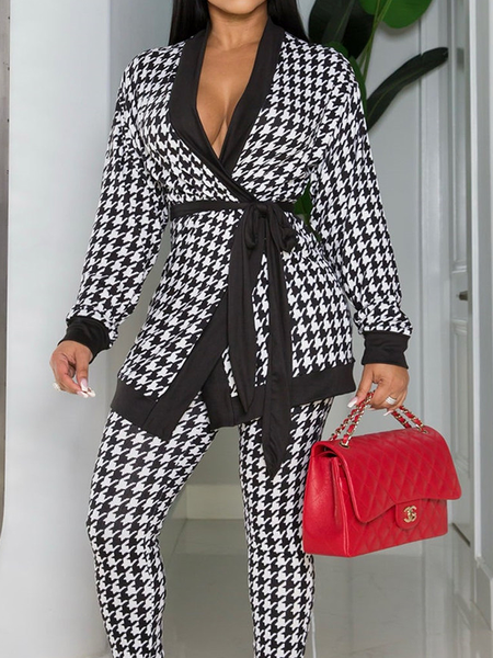 

High Elasticity V Neck Houndstooth Long sleeve Urban Other Coat, Black, Others