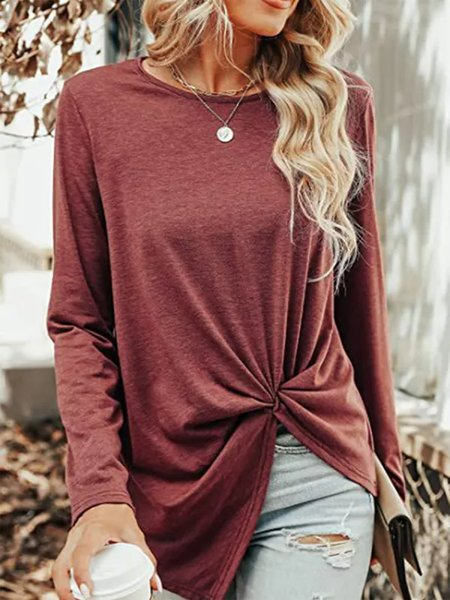 

Plain Casual Crew Neck Knot Front T-Shirt, Red, T-Shirts