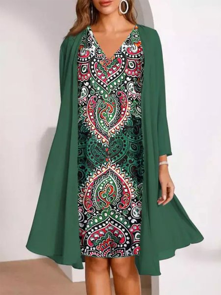 

Loose V Neck Elegant Ethnic Two-Piece Set, Green, Dresses