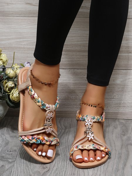 

Floral Print Braided Detail Slingback Sandals, Beige, swimwear>>Beach Accessories