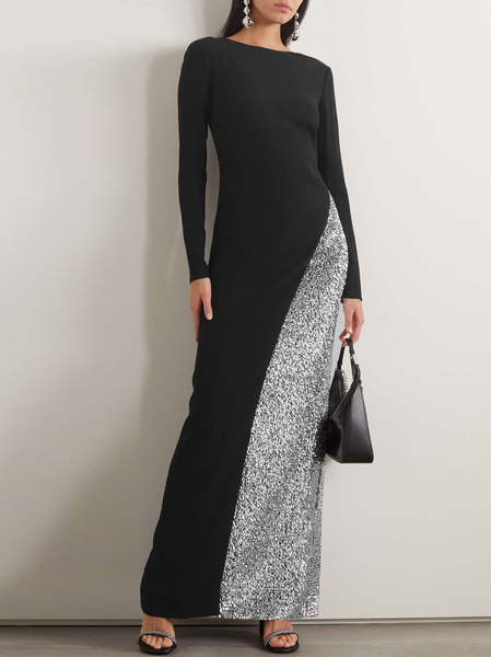 

Regular Fit Glitter Elegant Crew Neck Dress, Black, Maxi Dresses
