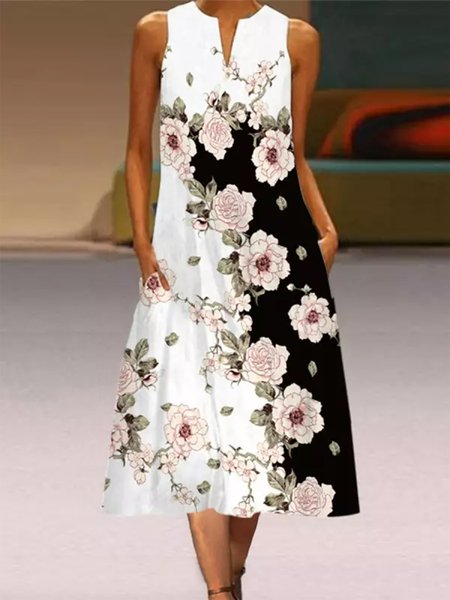 

Floral Loose Elegant V Neck Dress, White, Midi Dresses