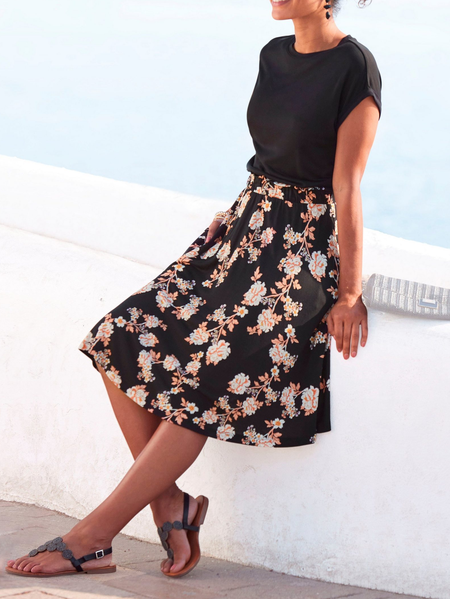 

Floral Crew Neck Casual Dress, Black, Dresses