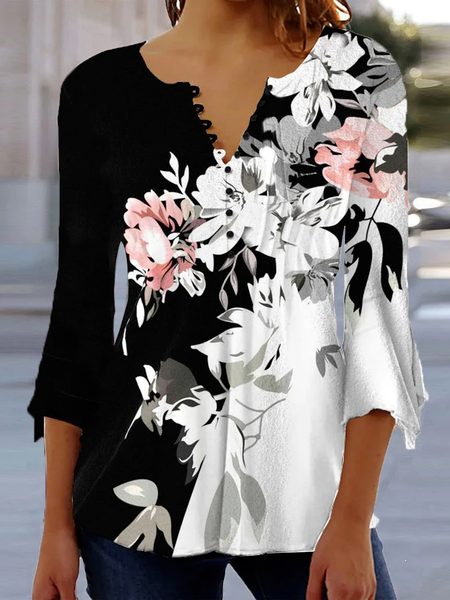 

Casual Floral V Neck Regular Fit Top, Black-white, Shirts & Blouses