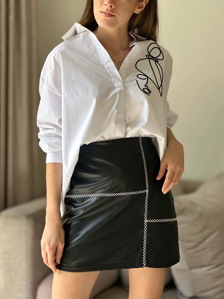 

Urban Shirt Collar Abstract Long Sleeve Blouse, White, Blouses and Shirts
