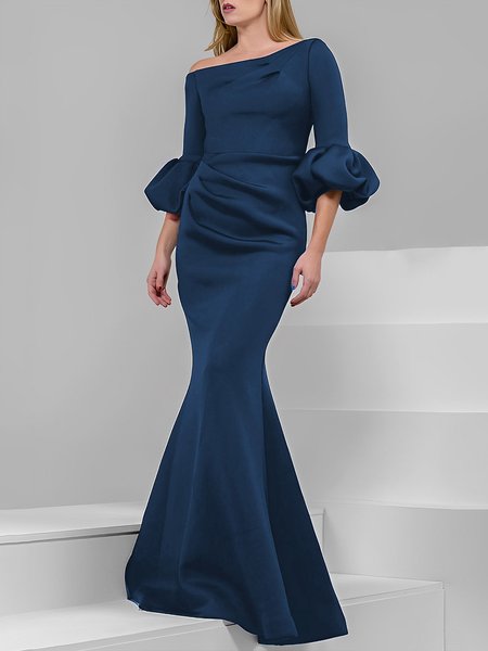 

Regular Fit Elegant Plain One Shoulder Dress, Deep blue, Maxi Dresses