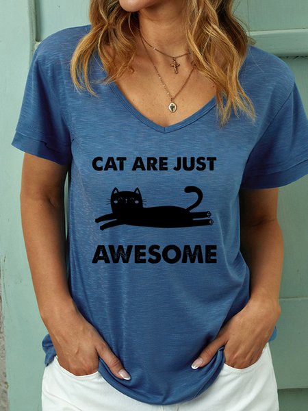 

Lilicloth X Rajib Sheikh Cat Are Just Awesome Women's V Neck Casual Loose T-Shirt, Blue, T-shirts