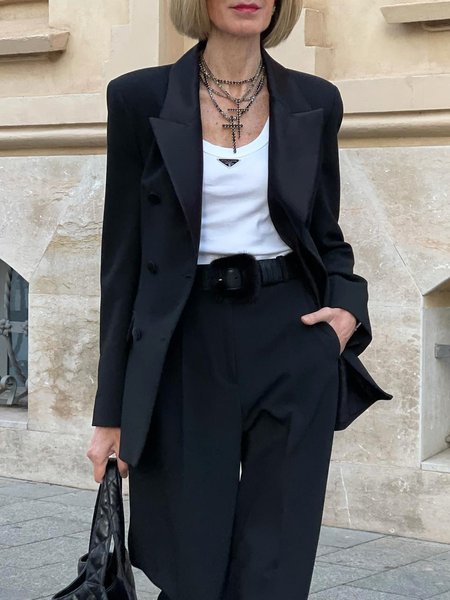 

Lapel Collar Loose Plain Urban Blazer, Black, Blazers