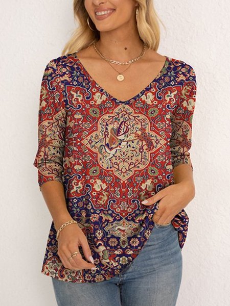 

V Neck Boho Loose Ethnic T-Shirt, Multicolor, T-Shirts