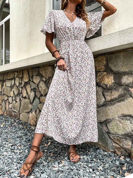 

V Neck Floral Loose Casual Dress, White, Dresses