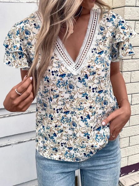 

Floral Casual Loose V Neck Top, Multicolor, Tops