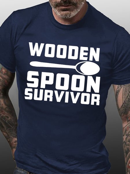 

Men's Wooden Spoon Survivor Funny Graphic Print Cotton Crew Neck Text Letters Casual T-Shirt, Purplish blue, T-shirts
