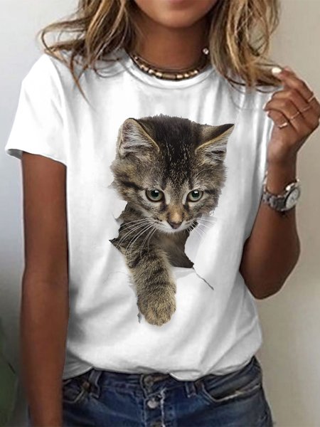 

Cat Casual Crew Neck T-Shirt, White, T-Shirts
