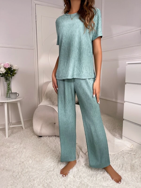 

Crew Neck Casual Cotton-Blend Two-Piece Set, Blue, Tops
