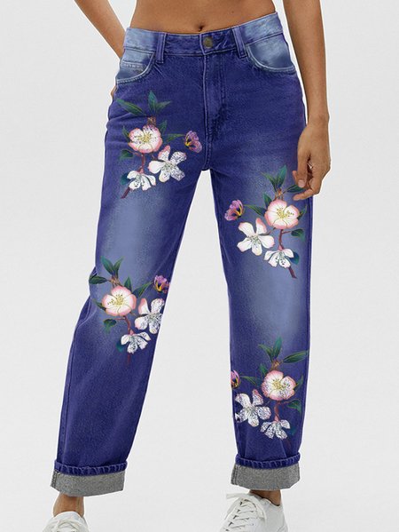 

Womens Floral Butterfly Casual Printed Jeans, Blue, Jeans