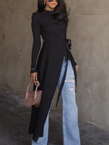 

Urban Crew Neck Plain Long Sleeve Top, Black, Linen Tops