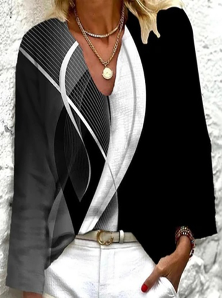 

Casual V Neck Linen Geometric Top, Multicolor, Shirts & Blouses