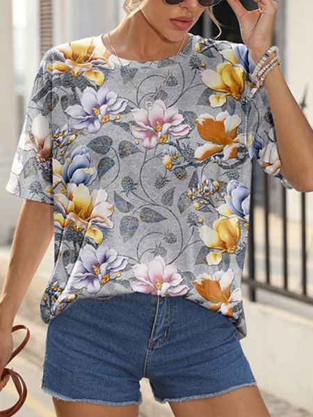 

Casual Crew Neck Floral T-Shirt, Gray, T-Shirts