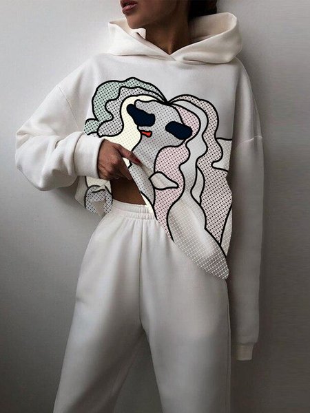 

Casual Hoodie Loosen Long Sleeve Two-Piece Set, White, Two-piece Set