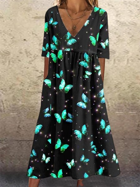 

Butterfly Loose Casual V Neck Dress, Black, Dresses