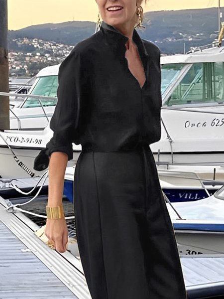 

Plain Shirt Collar Loose Urban Blouse, Black, Blouses and Shirts