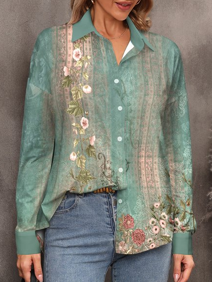 

Cotton-Blend Casual Loose Floral Blouse, Green, Shirts & Blouses